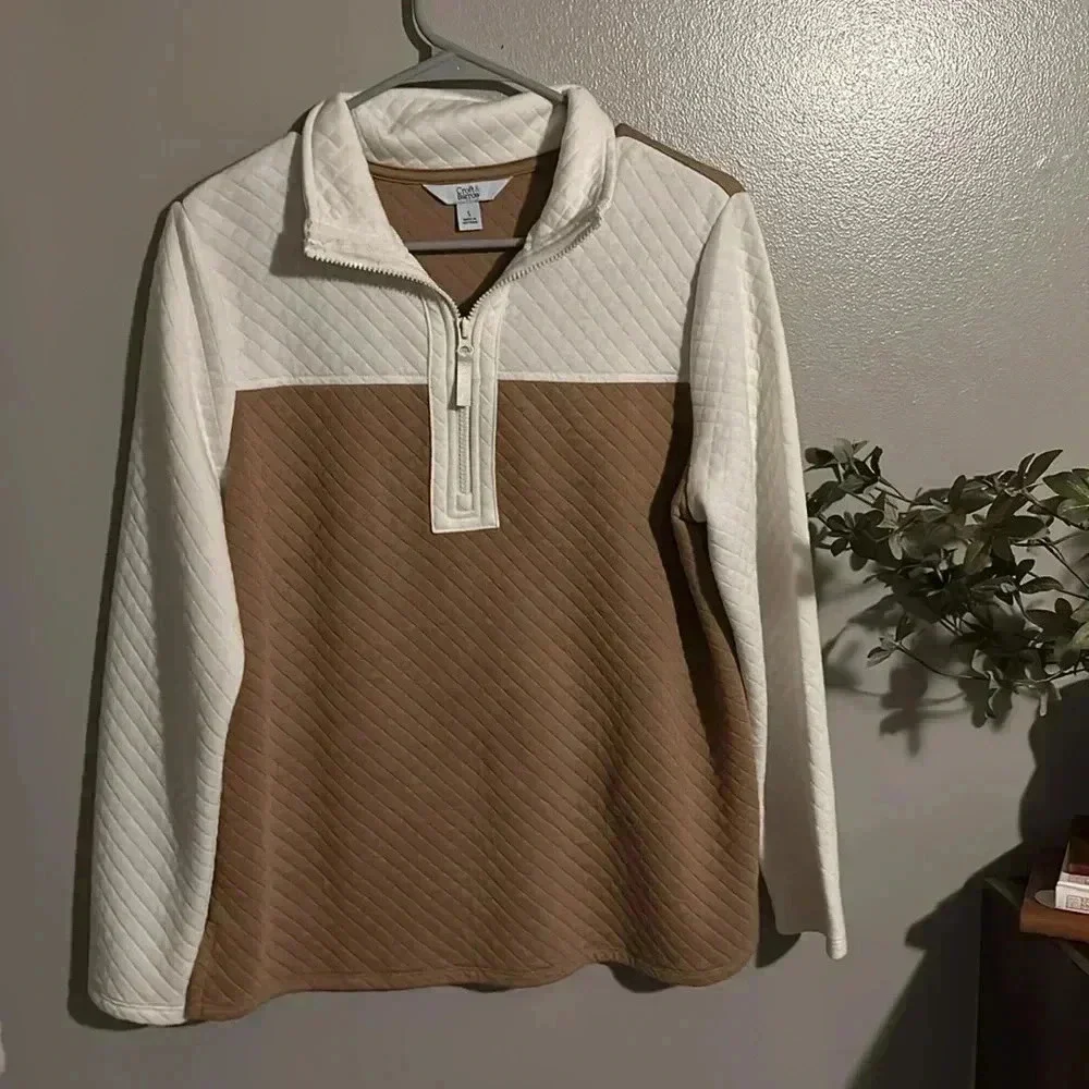 Croft & Barrow Quilted Pullover Colorblock Cream Camel Cozy Preppy S - Picture 3 of 8